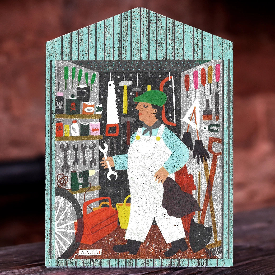 Illustrated note card featuring a man wearing white overalls and a blue shirt in a shed full of different brightly coloured tools, set against a pink-brown background