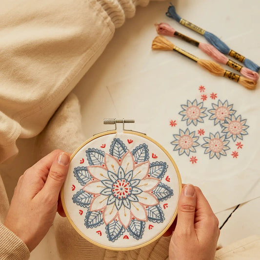 Person holding an embroidered floral hoop with coordinating design and threads softly displayed in the background
