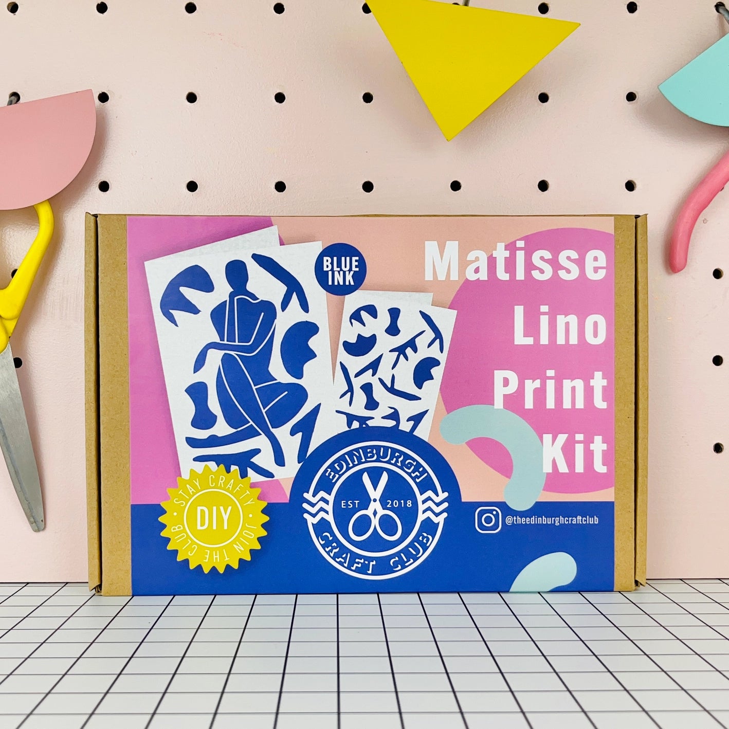 Matisse-inspired Lino Print Kit kraft box packaging with blue and pink labelling