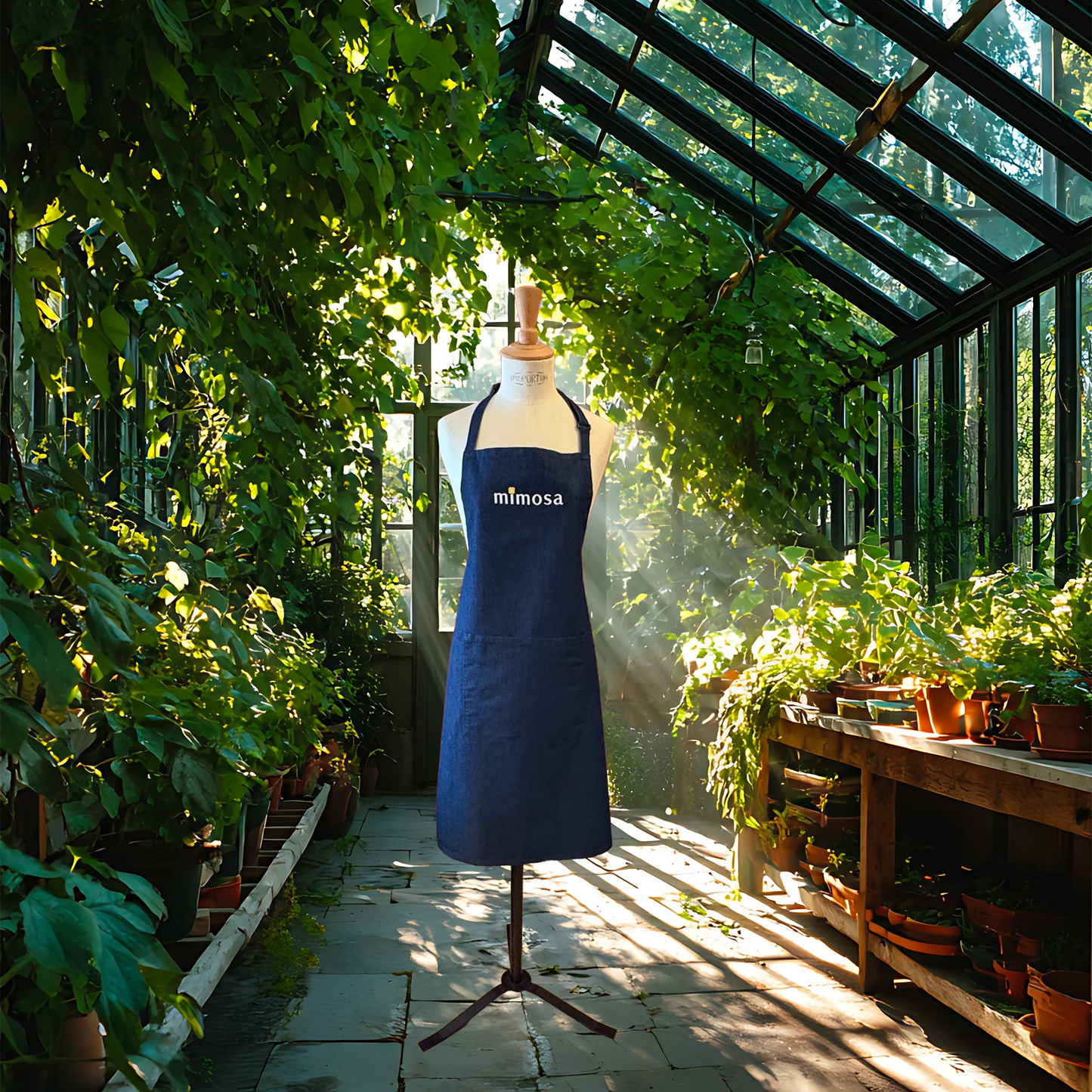 Mannequin wearing denim apron embroidered with Mimosa logo in a greenhouse setting