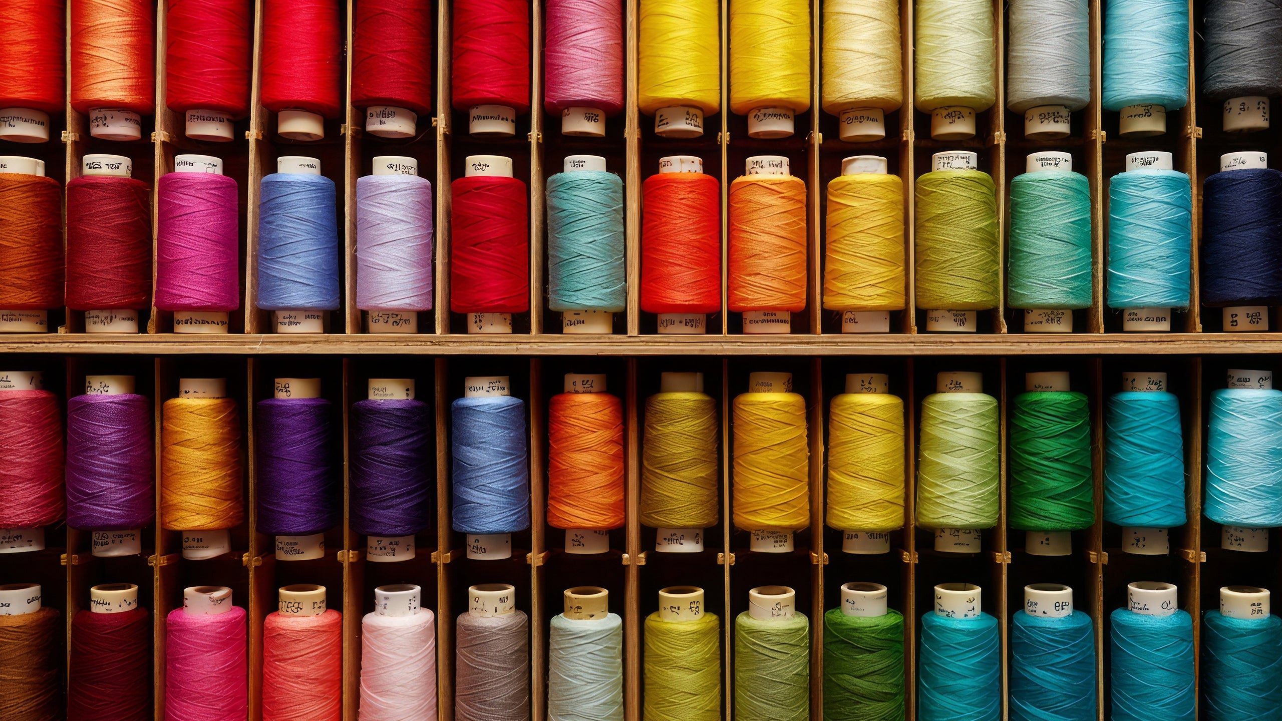 Rows of colourful spools of thread on a wooden shelf