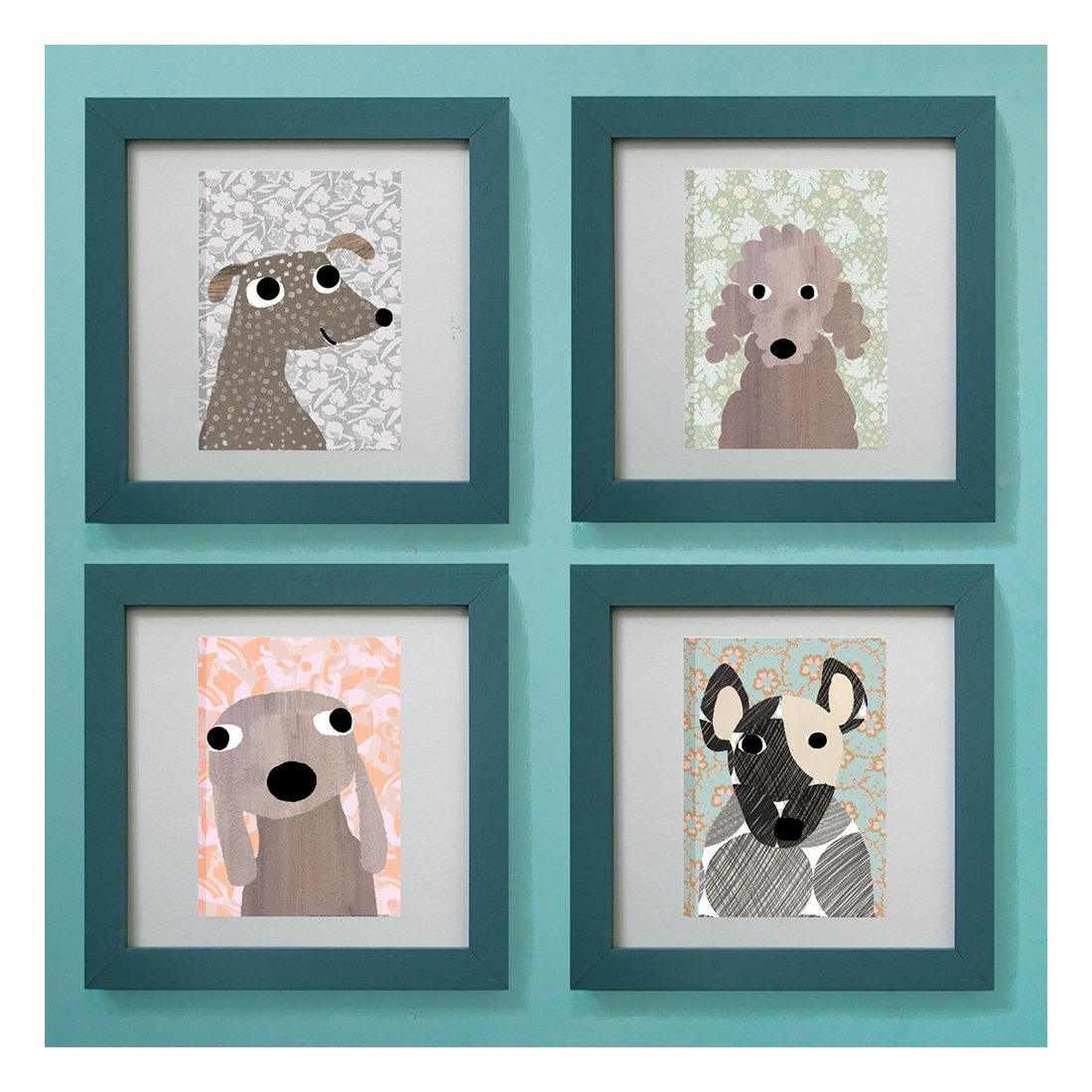 A set of four framed prints featuring delightful dog illustrations on different floral patterned backgrounds, displayed on a wall