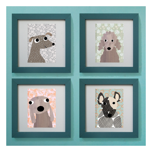 A set of four framed prints featuring delightful dog illustrations on different floral patterned backgrounds, displayed on a wall