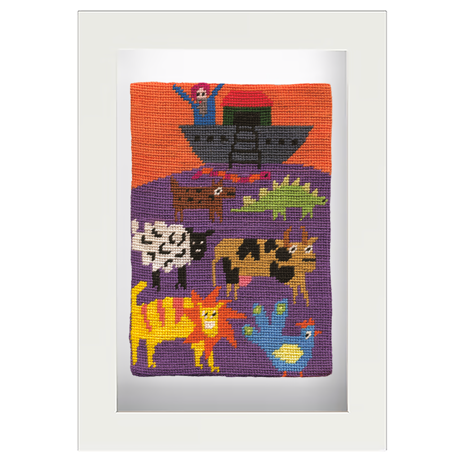 Framed needlepoint 'Noah's Ark' artwork with colourful animals on a white background