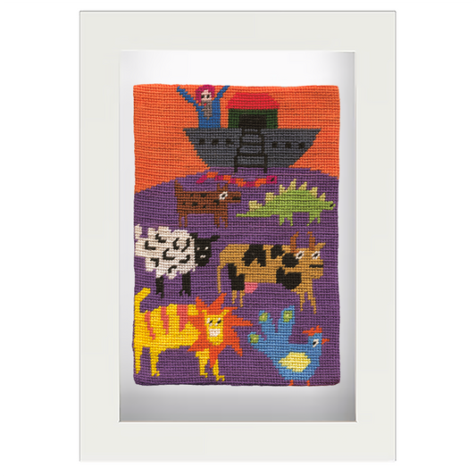 Framed needlepoint 'Noah's Ark' artwork with colourful animals on a white background