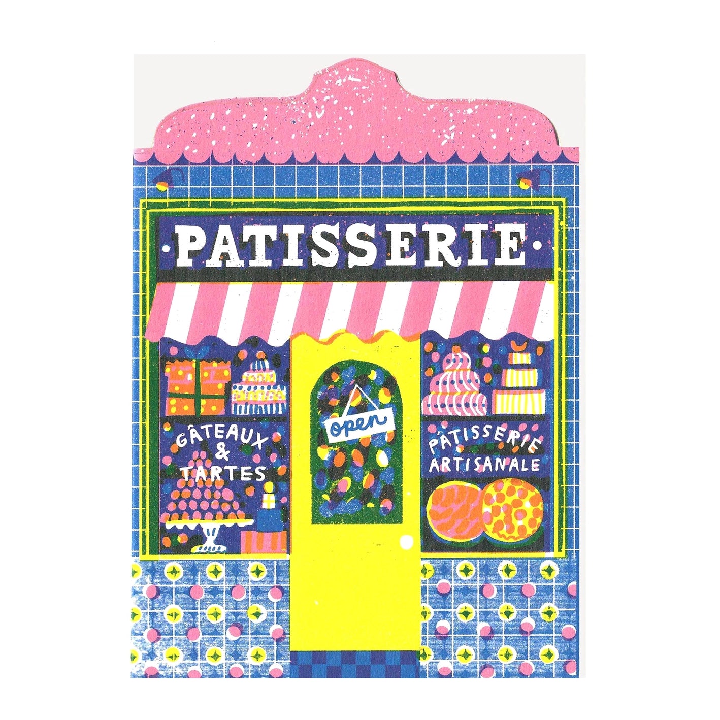 A colourful art card featuring a patisserie shop front with a vibrant window display, set against a pink background with blue and yellow accents