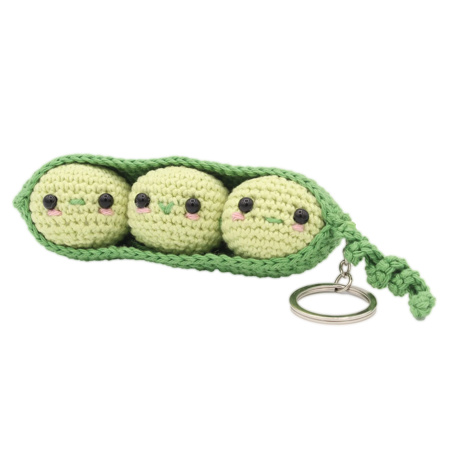 Crocheted keychain or bag charm featuring three peas in a pod in two shades of green on a white background