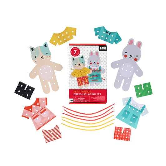 Dress-up lacing set with animal figures and colourful accessories on a white background