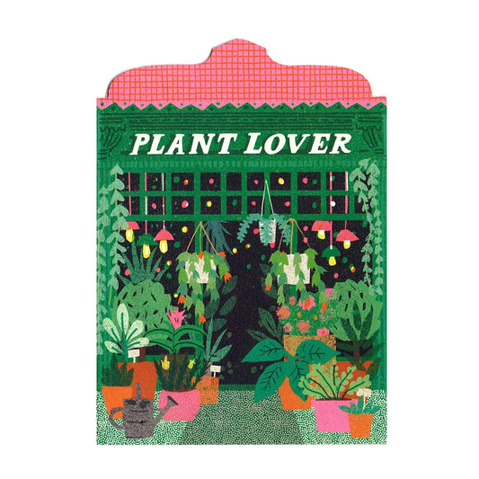 Illustrated note card depicting Plant Lover store front, with many colourful pot plants on white background