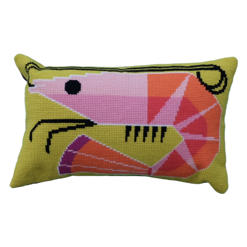 Cross stitch cushion with a playful prawn design in bright lime, orange and pink
