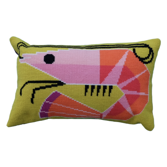 Cross stitch cushion with a playful prawn design in bright lime, orange and pink
