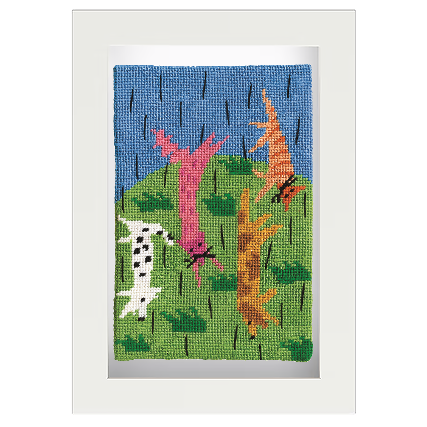 Colourful needlepoint postcard depicting a raining cats and dogs, framed in white