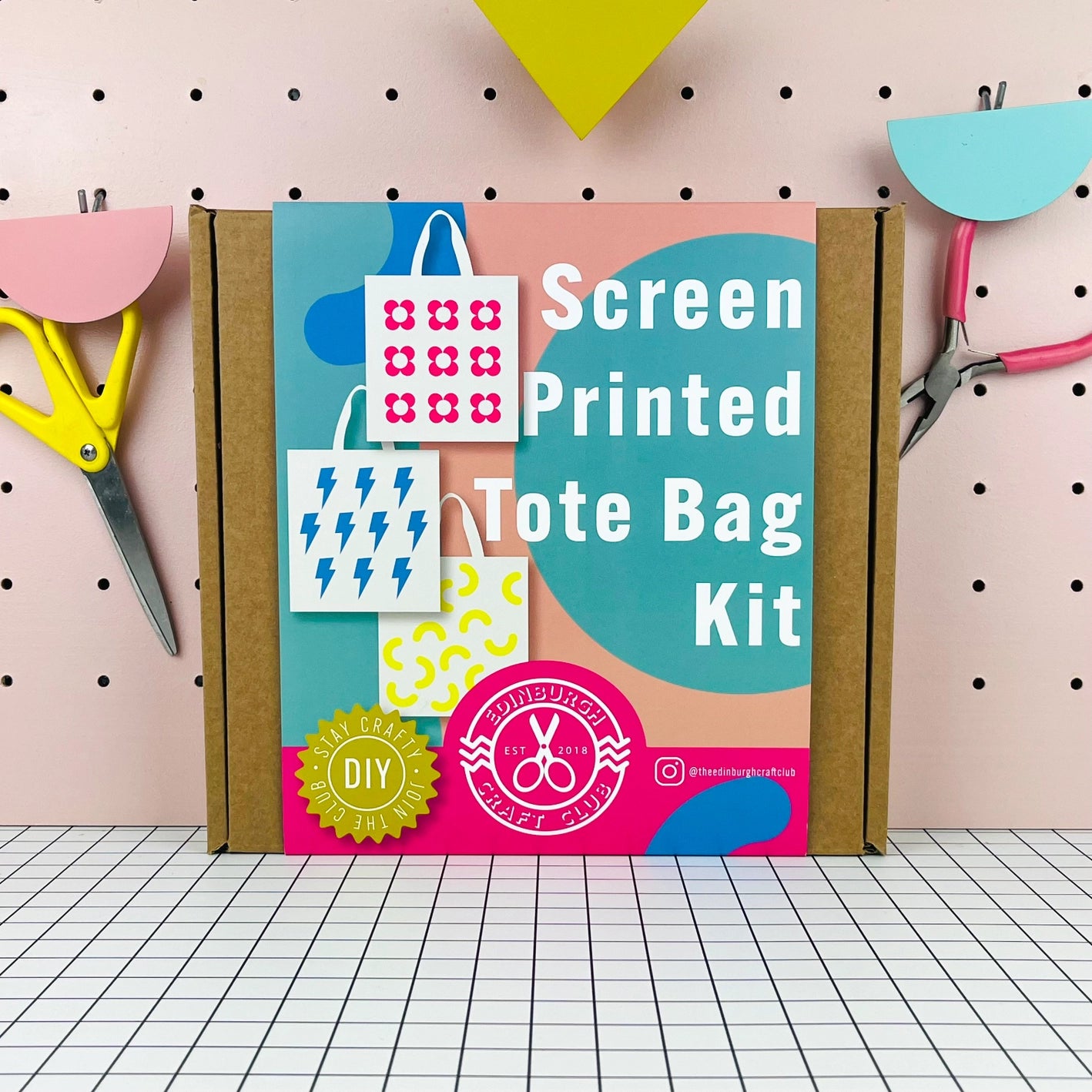 Screen Printed Tote Bag Kit kraft box packaging with pink and green labelling