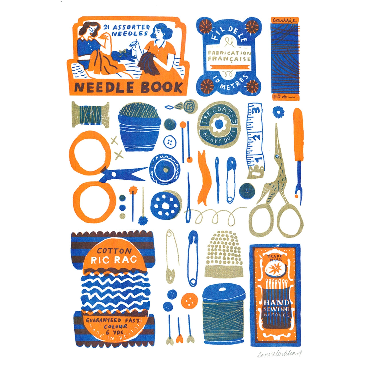 Riso print featuring illustrated sewing tools and haberdashery items in blue, orange and gold