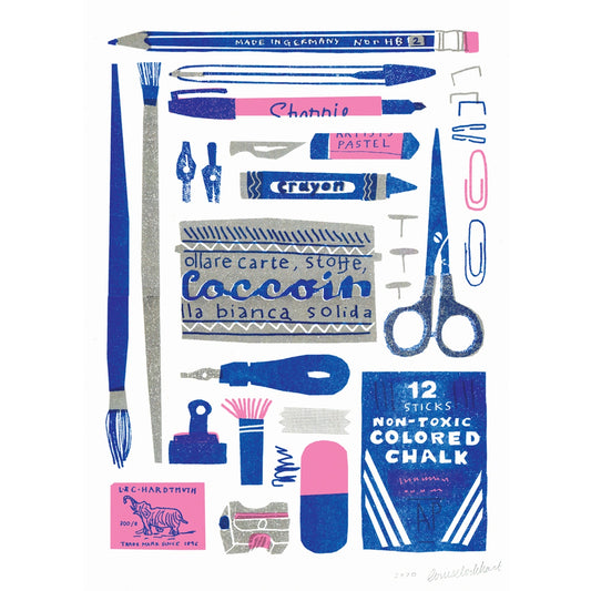 Riso print featuring illustrated stationery items in pink, blue and silver