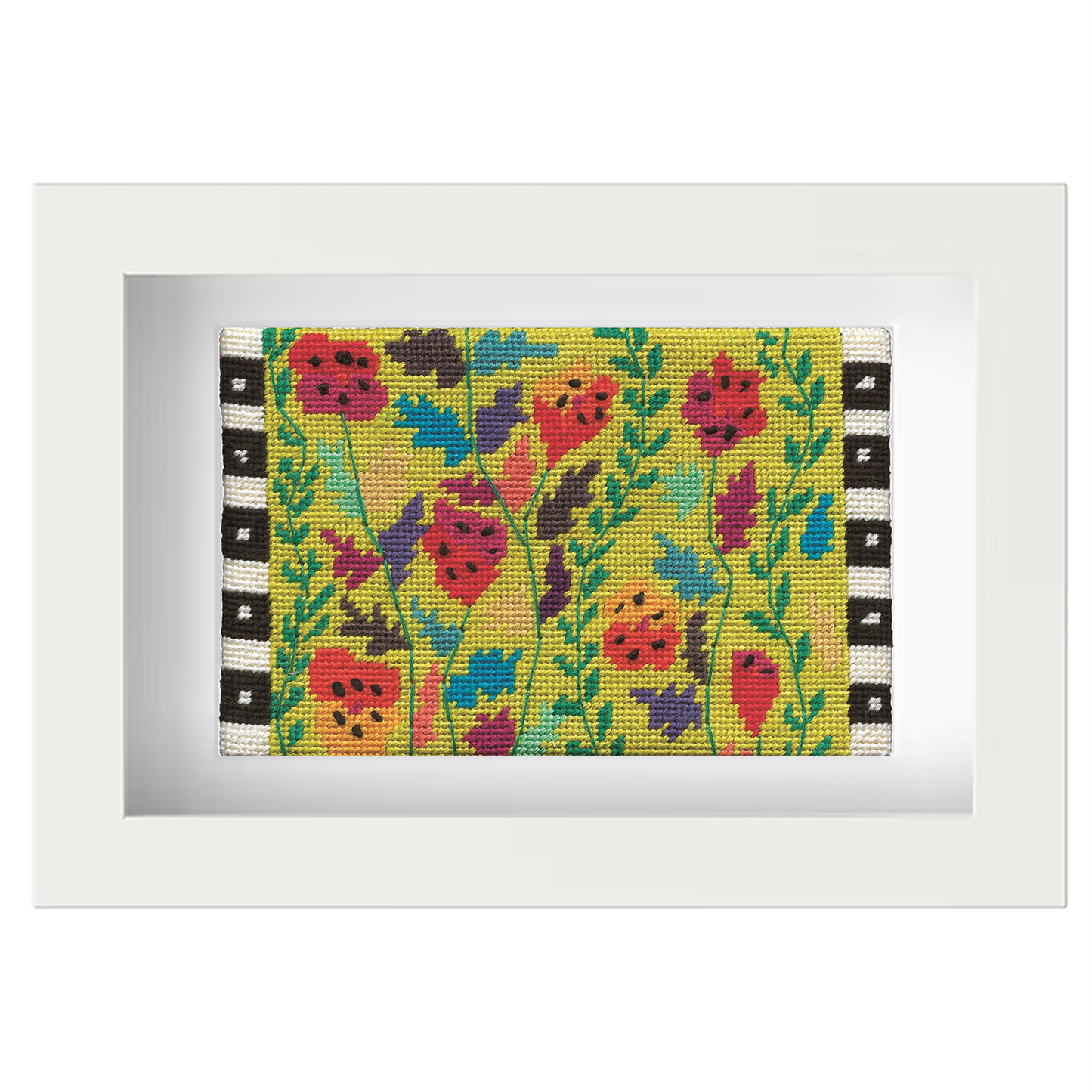 Colourful needlepoint postcard of poppies in red, pink, and yellow, with bright leaves, on a lime background