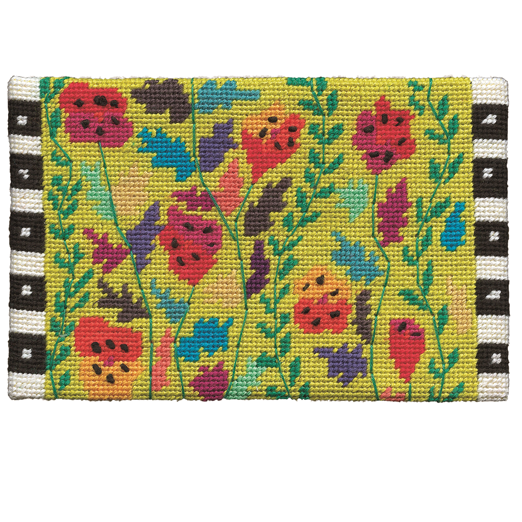 Unframed colourful needlepoint postcard of poppies in red, pink, and yellow, with bright leaves, on a lime background