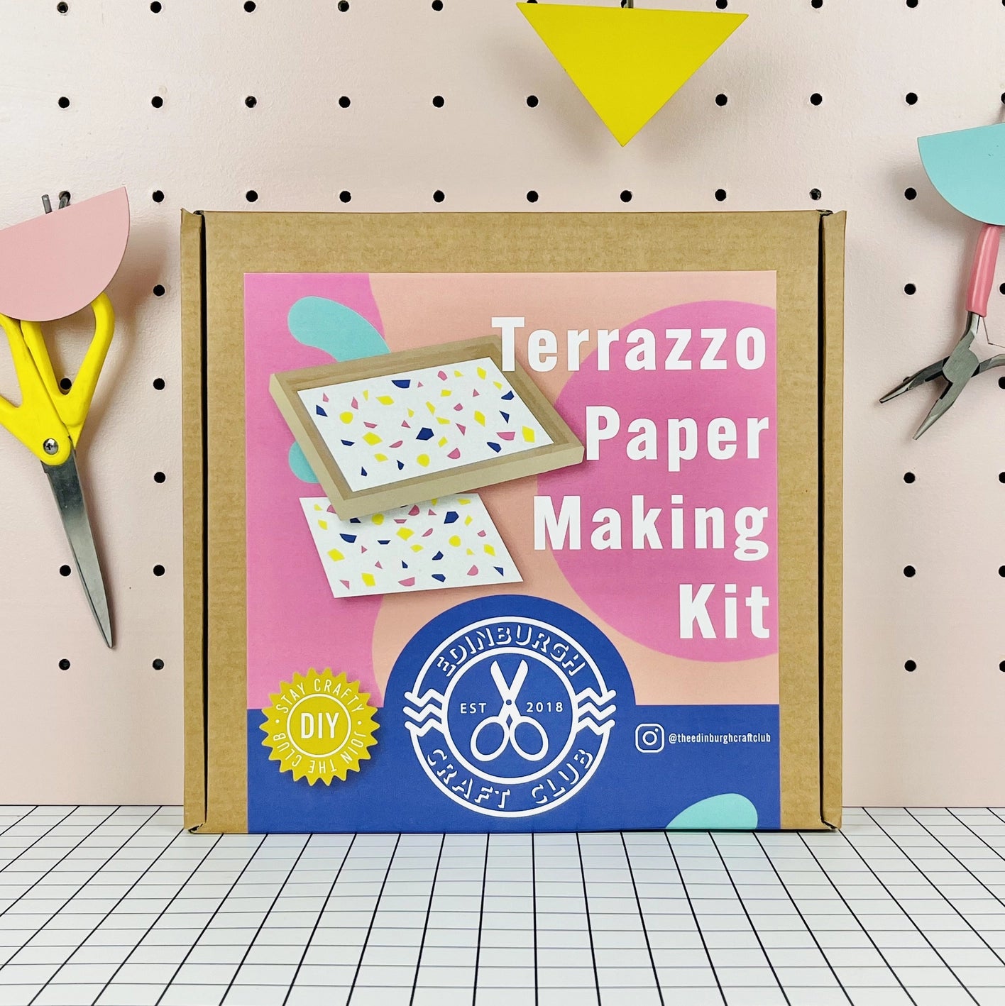 Terrazzo Paper Making Kit kraft box packaging with pink and blue labelling