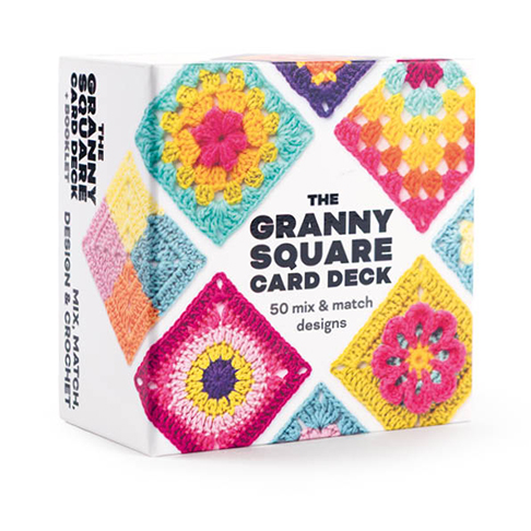 Box of The Granny Square Card Deck with colourful granny square patterns on a white background