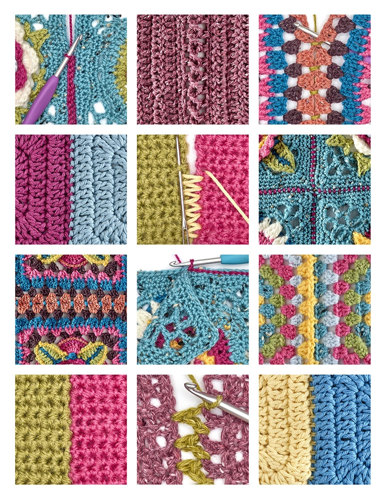 Grid of colorful crochet patterns and stitches as shown in the complete crochet handbook