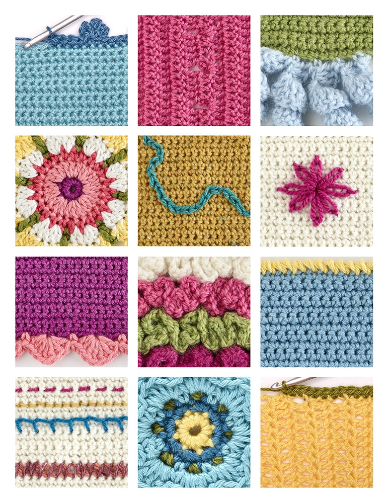 Grid of various colorful crochet patterns as shown in the complete crochet handbook