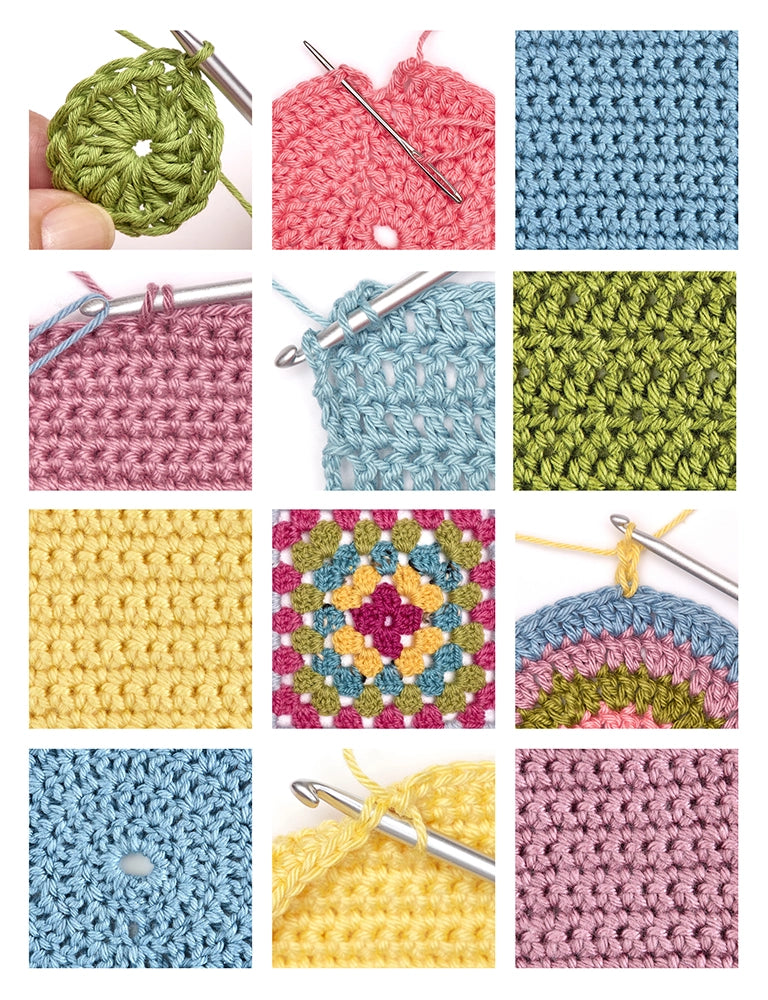 Grid of crochet patterns and tools with various colors and textures, as shown in the complete crochet handbook