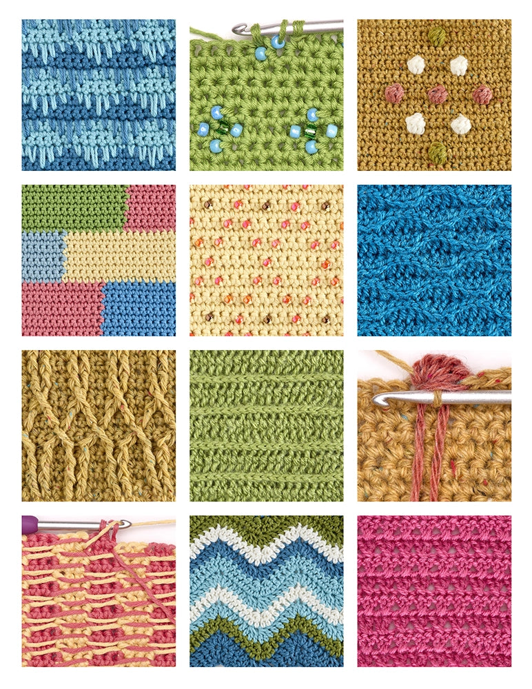 Grid of various crochet stitch patterns in different colors, as shown in the complete crochet handbook