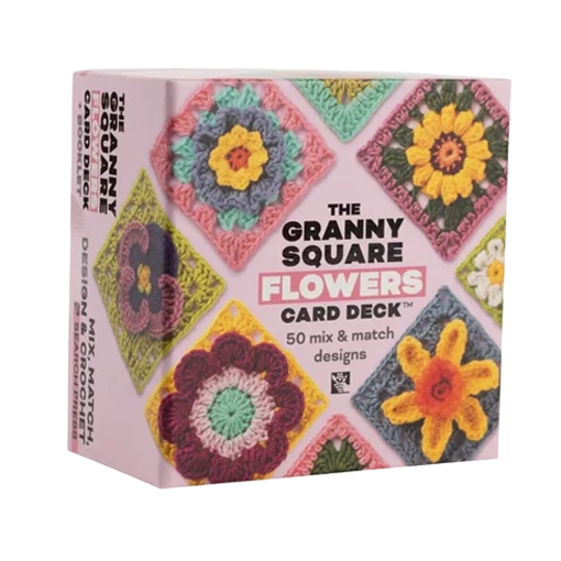 Box of 'The Granny Square Flowers Card Deck' with colorful granny square designs on a white background.