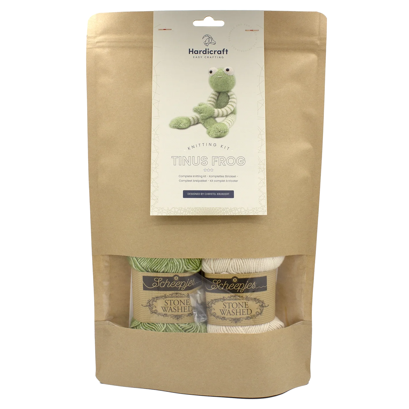 Frog knitting kit in simple kraft packaging with finished toy image