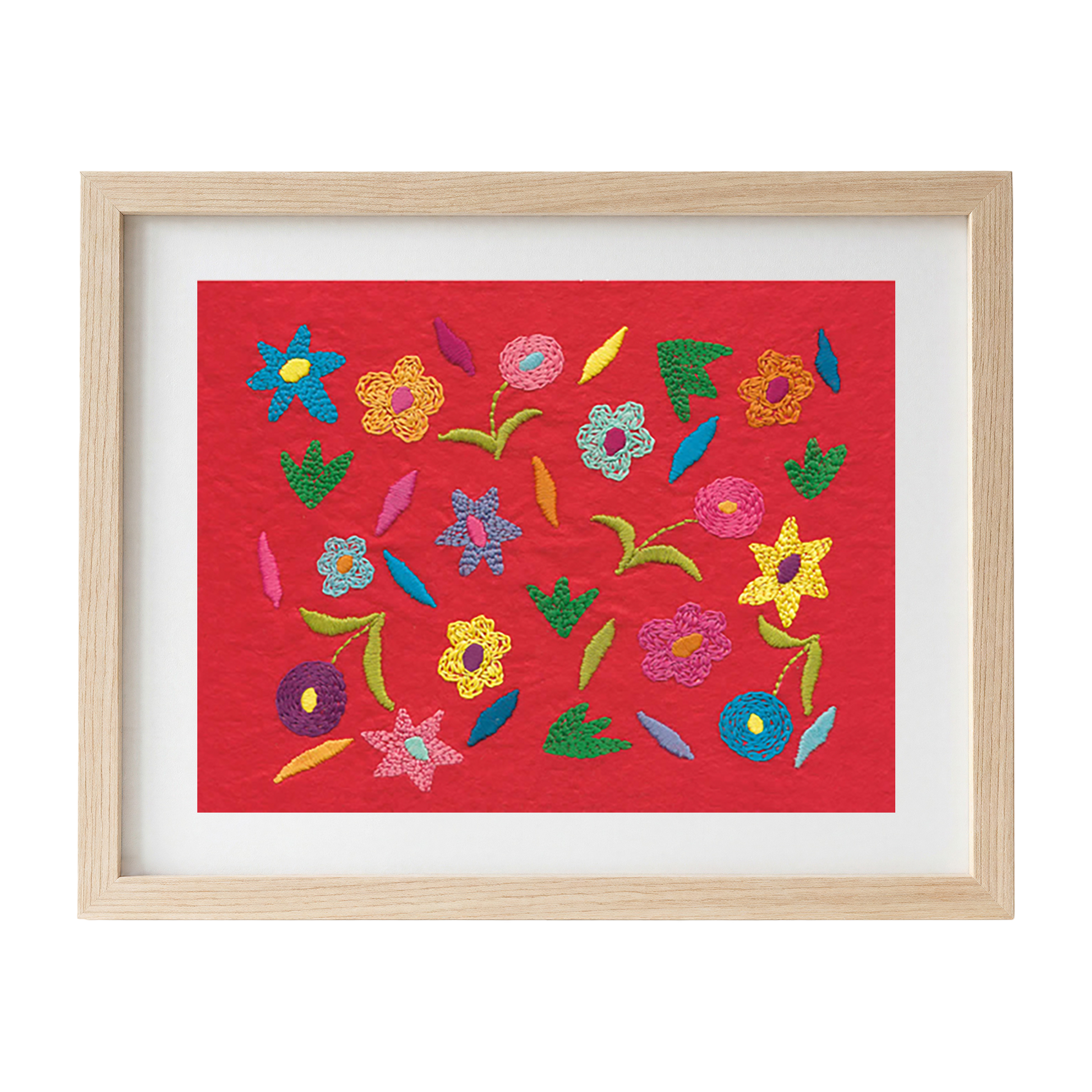 Framed embroidered artwork with colourful floral patterns on a red felt background